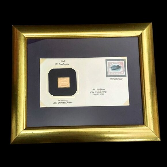 Framed 22kt Gold Replica 1918 Inverted Jenny Air Mail Issue Commemorative Stamp - Picture 1 of 6